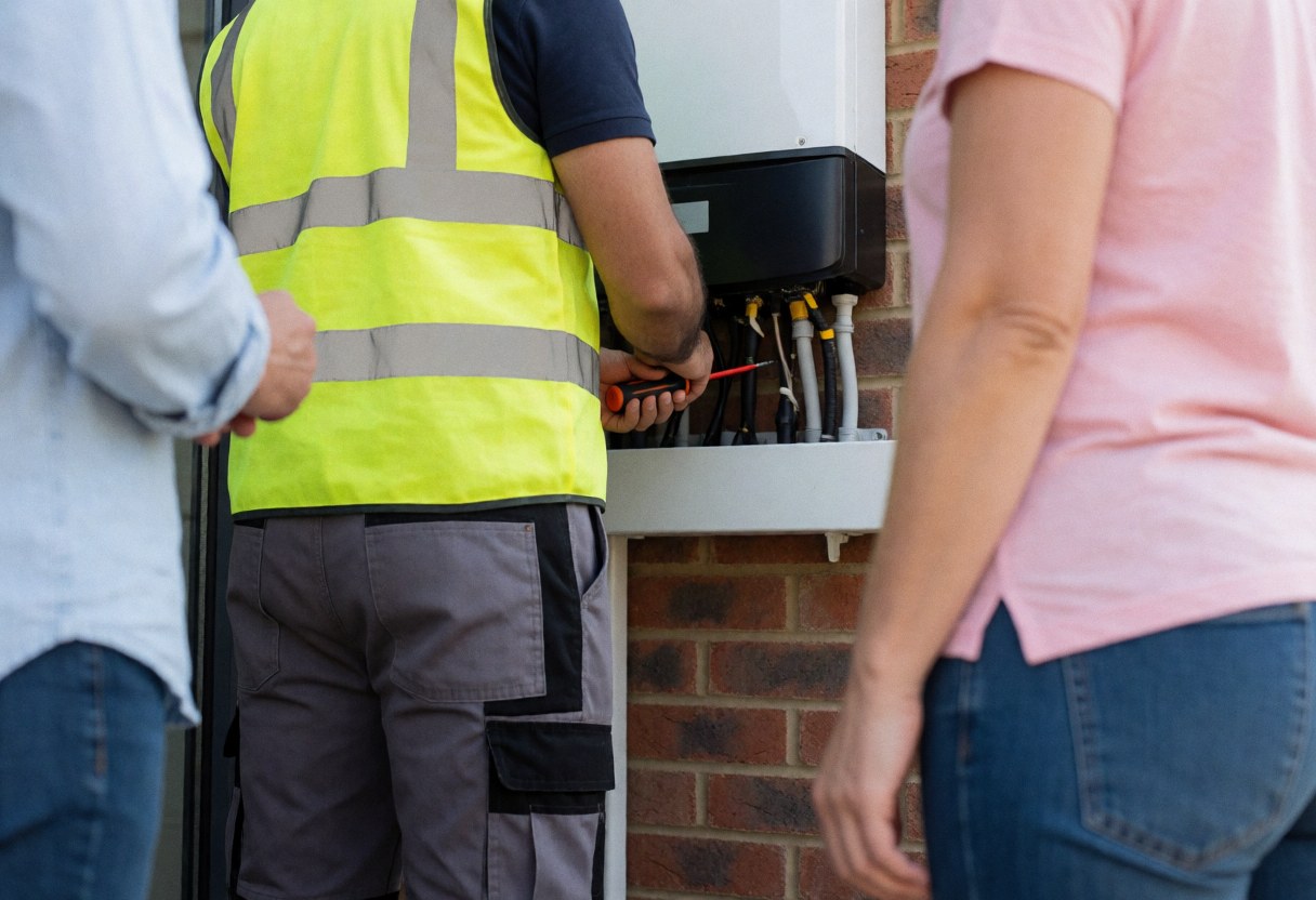 Technician in reflective vest repairing a wall-mounted solar inverter while clients observe the service.