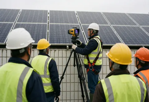 Technician using a thermal camera on a roof with solar panels, wearing safety gear for repair service