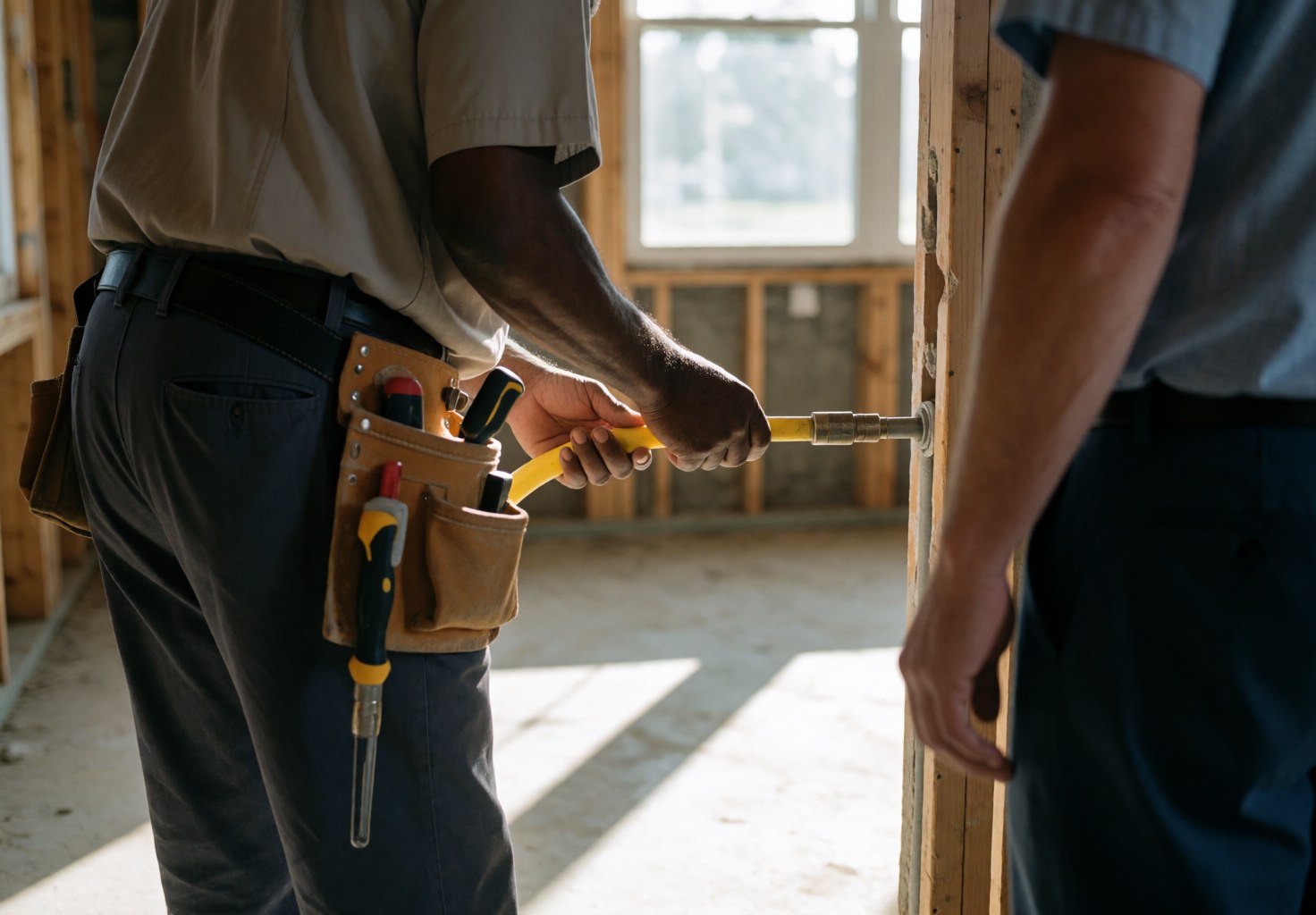 Technician connecting a yellow gas pipe on a wooden wall while holding a tool at a construction site.