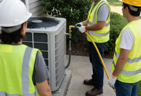 Technician in safety gear connecting a yellow gas pipe to an outdoor air conditioning unit in a patio area.