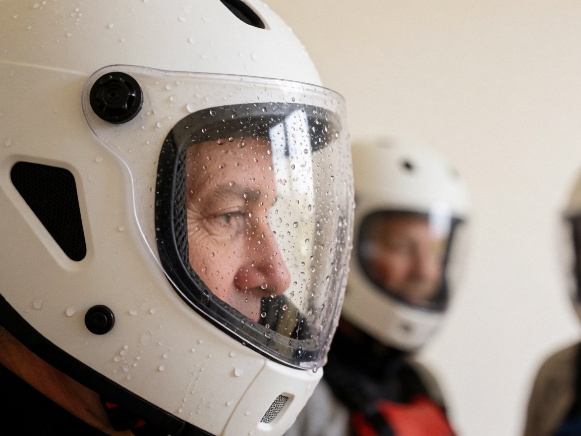 Close-up of a white safety helmet featuring water droplets on the surface and a fogged visor, set against a plain white background, representing adventure park team safety equipment.