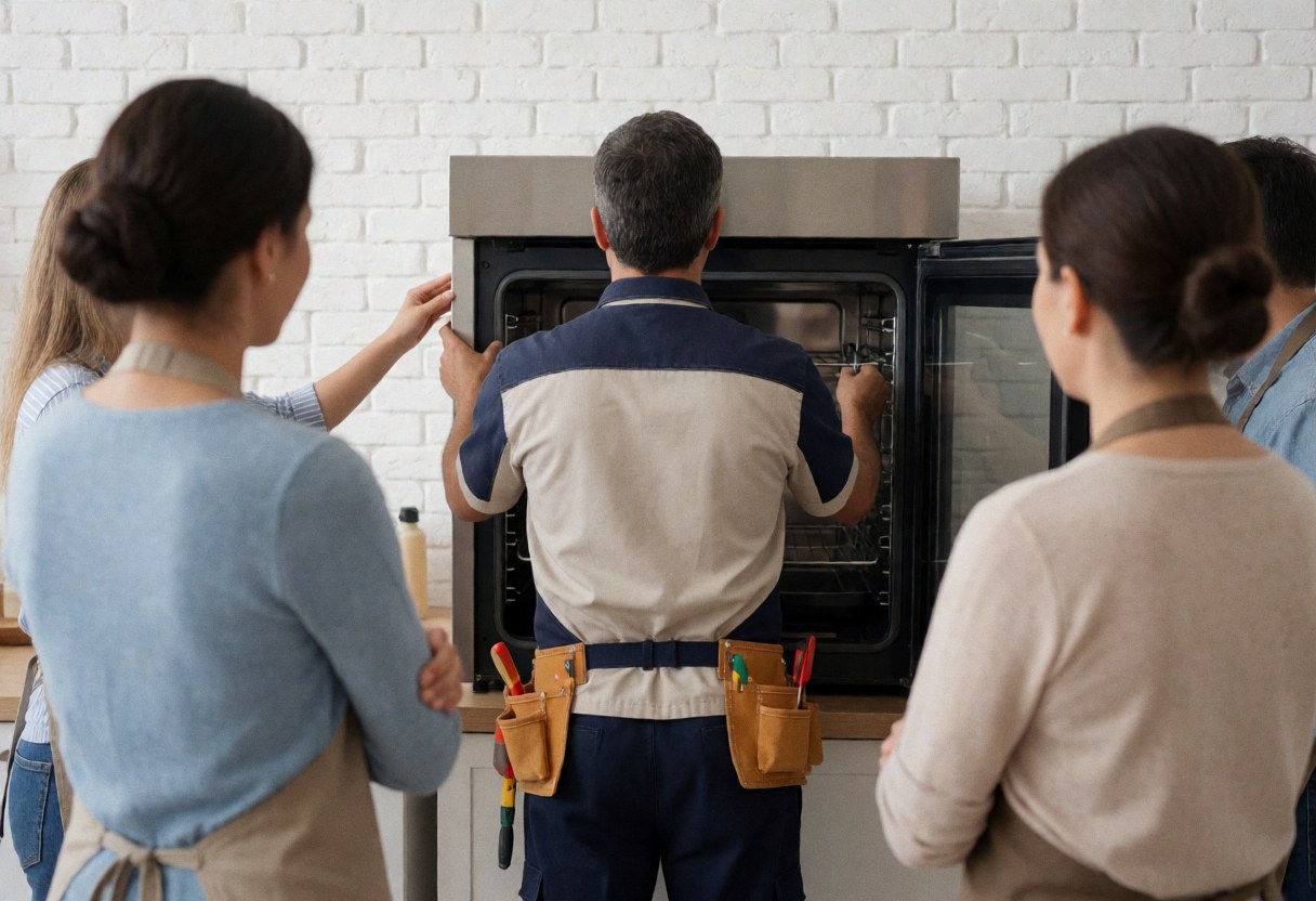 Technician with tool belt adjusts an industrial oven in a kitchen with white brick walls while people watch.