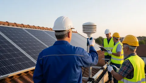 Technician on a roof with solar panels adjusting a weather sensor, solar repair equipment.