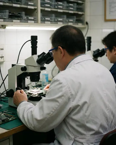Close-up view of a technician using a microscope to examine a computer motherboard during electronic repair work
