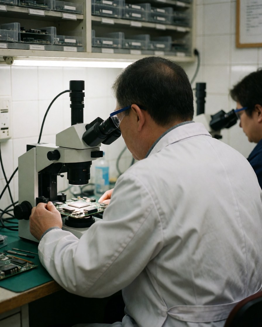 Close-up view of a technician using a microscope to examine a computer motherboard during electronic repair work