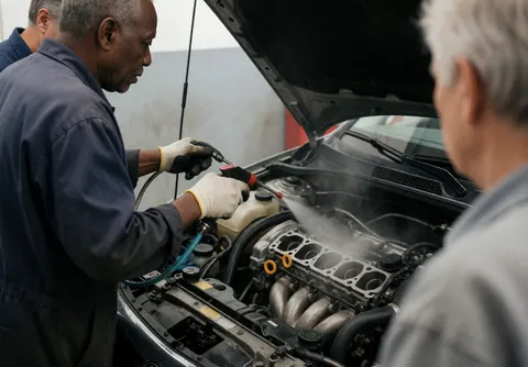 A mechanic wearing gloves sprays cleaning fluid onto an exposed engine block in a workshop.