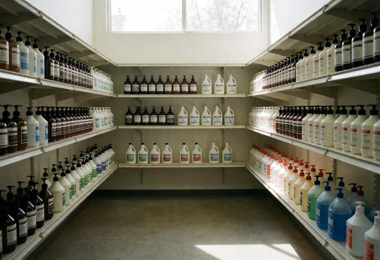 Storage room for car wash supplies featuring shelves stocked with soap and wax bottles, illuminated by natural light from a high window.
