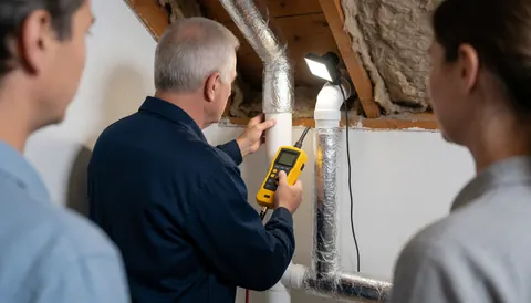 A technician inspects gas pipes on a roof using a detector while clients observe the installation process.