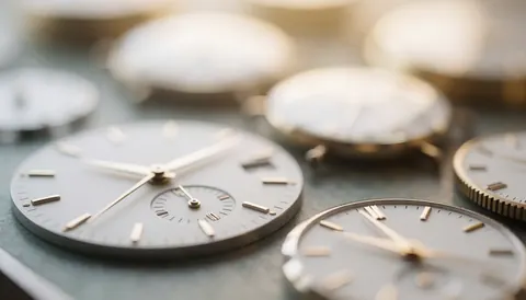 Metal watch dials resting on a work surface with warm lighting, serving as a background for horology.