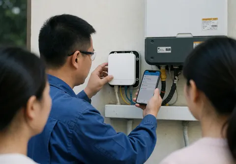 Technician installs a solar device next to an inverter on an exterior wall while two people observe from behind.