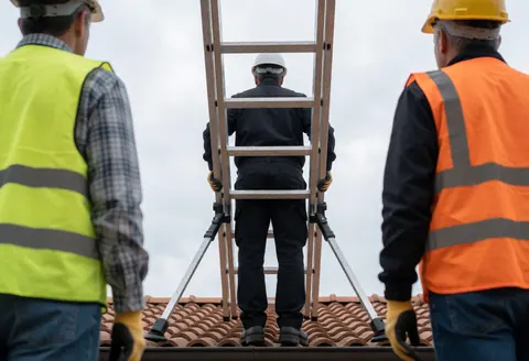 Technician on ladder working on roof tiles while two colleagues observe from below during solar repair service