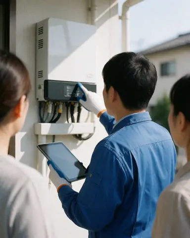 Technician in blue uniform checks white solar inverter using tablet while two people observe from behind against white wall in sunlight
