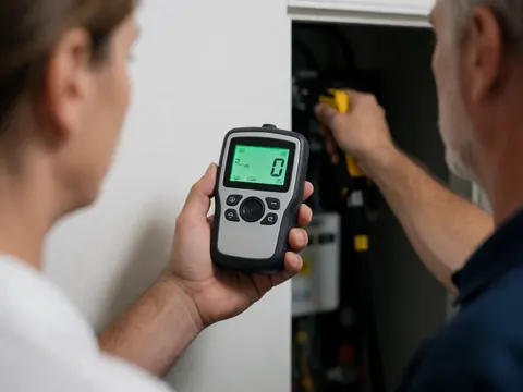 Technician holds a gas detector showing a zero reading while another works on a service box against a white wall.