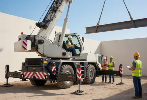 Mobile crane lifting a steel beam on a construction site with workers in safety gear