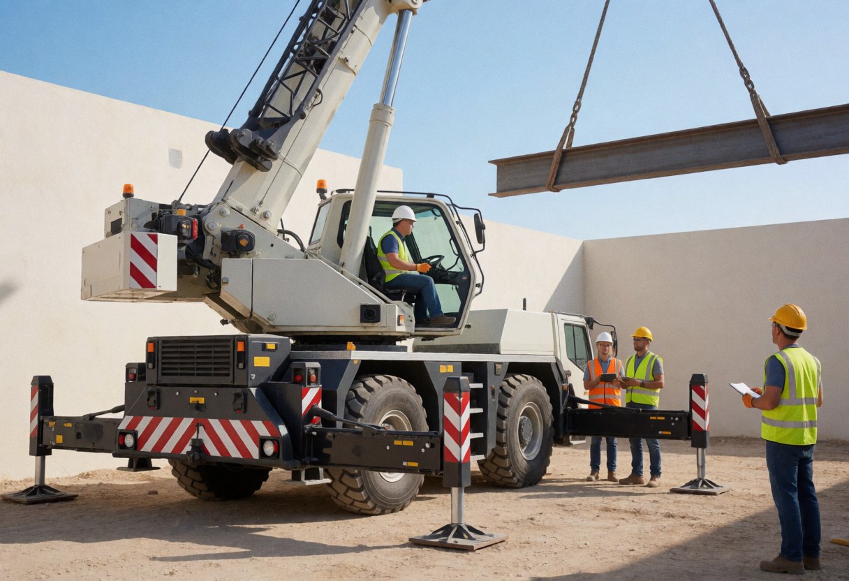 Mobile crane lifting a steel beam on a construction site with workers in safety gear