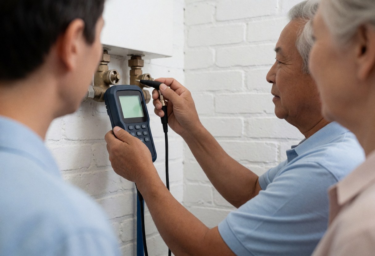 Technician uses a digital leak detector to inspect a gas valve on a white brick wall while clients observe the installation service.