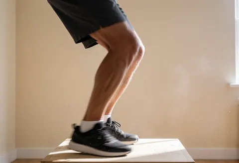 Close-up of a leg in motion above a plyometric jump box with beige wall and natural light during a crossfit workout