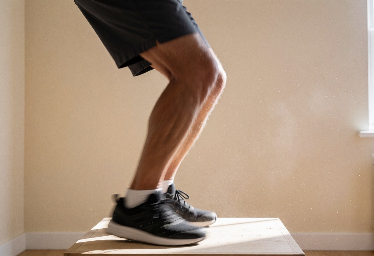 Close-up of a leg in motion above a plyometric jump box with beige wall and natural light during a crossfit workout