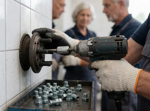 Gloved hands using an impact wrench on a car wheel with screws in a magnetic tray and white tiled wall in a tire repair shop