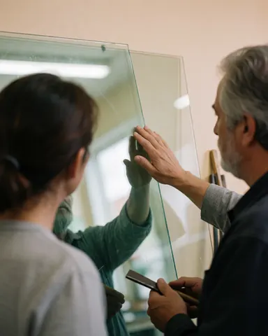 two workers install a glass panel in a workshop, one holding a cutting tool while the other guides it