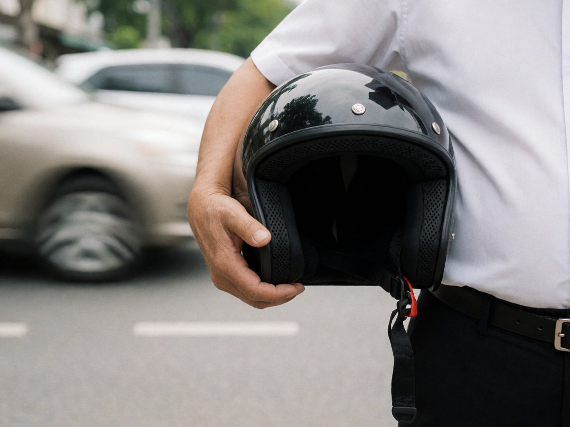 Close-up of a hand holding a black motorcycle helmet with blurred cars in the background, highlighting safety gear for motorbike taxi services.