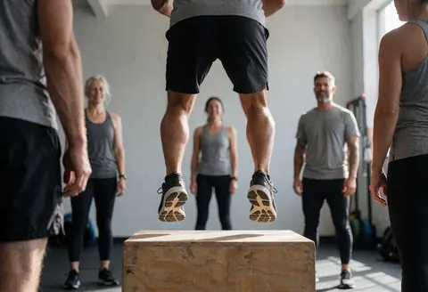 Individual performing a box jump exercise in a gym setting with natural lighting while others watch.