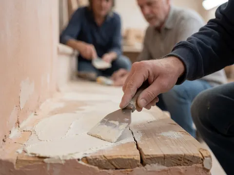 A worker uses a trowel to apply stucco onto a wooden surface and a pink wall during construction finishing work.