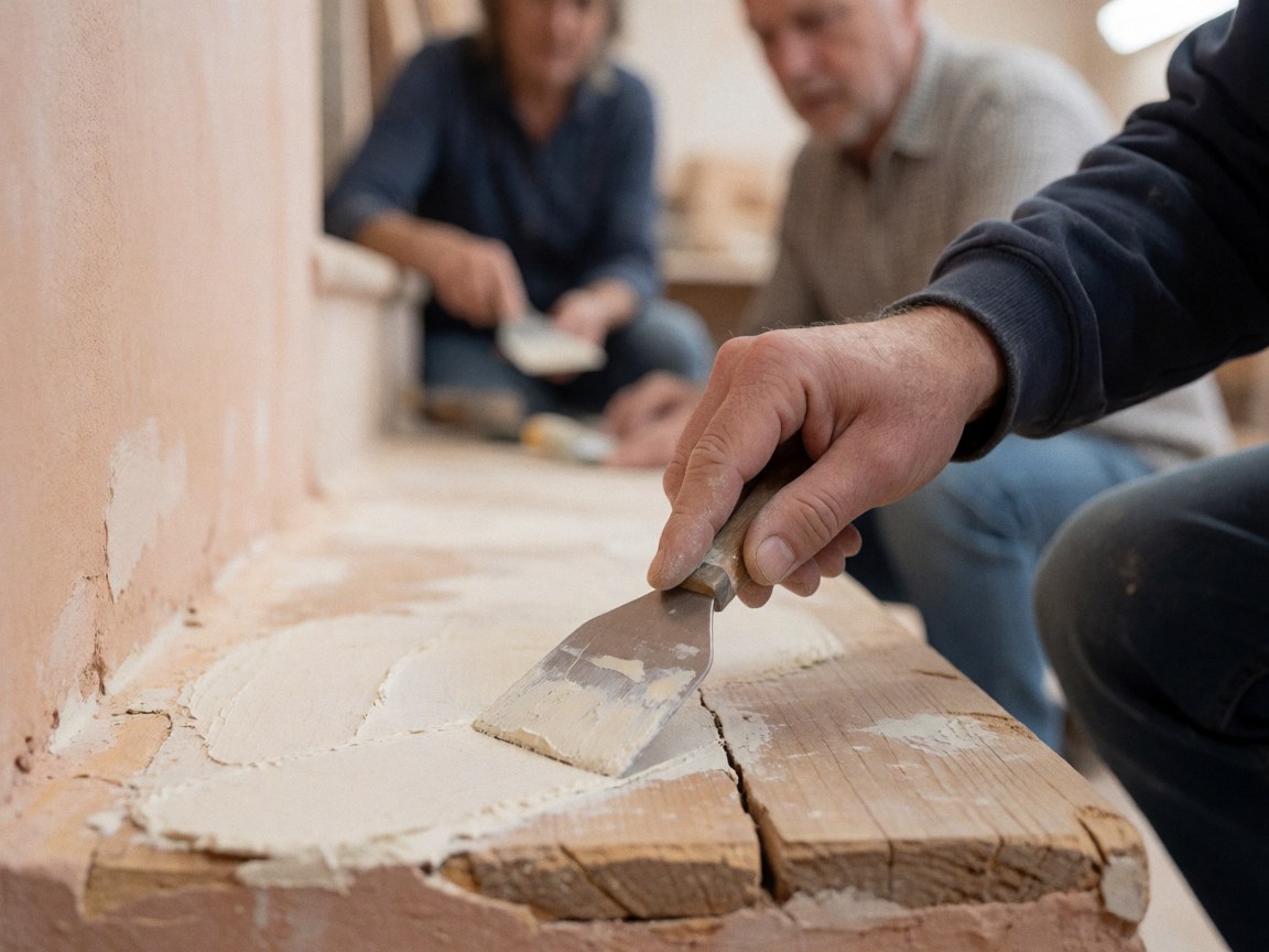 A worker uses a trowel to apply stucco onto a wooden surface and a pink wall during construction finishing work.