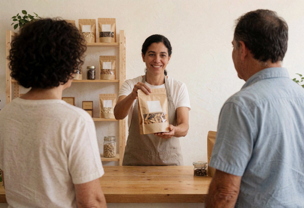 A seller hands a bag of artisan products to a customer in a rural shop with wooden shelves and white walls.