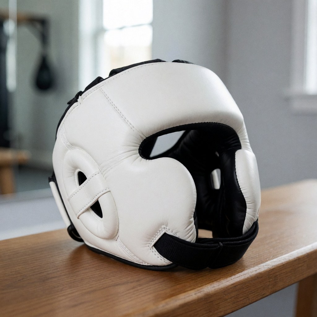 White boxing helmet with black straps resting on a wooden bench in a gym with gray walls and a mirror