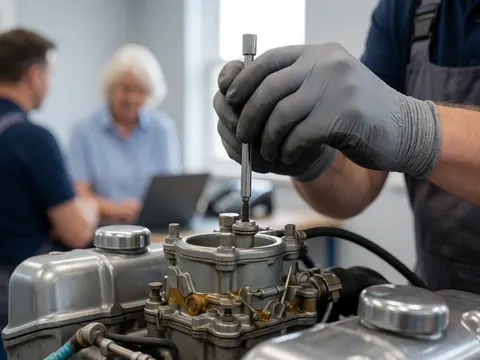 Close-up of a mechanic's gloved hand using a tool to adjust a screw on a motorcycle carburetor in a workshop setting.