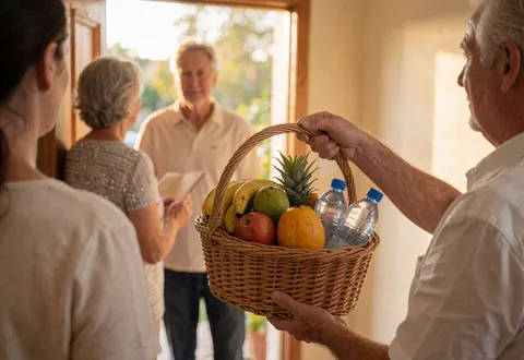 A man hands a basket of tropical fruits and bottled water to vacation rental guests at the entrance of a holiday home during golden hour.
