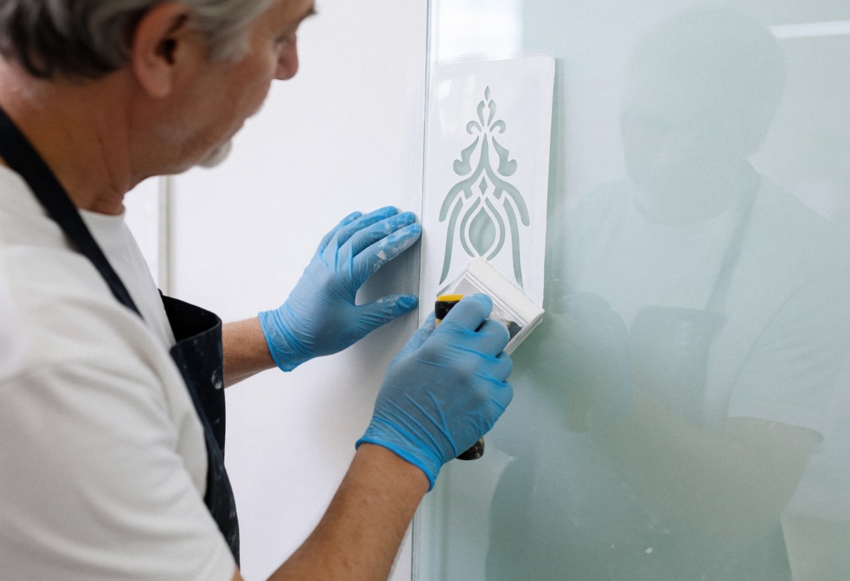 A technician uses a stencil to apply paint on glass, creating a frosted pattern against a white wall while wearing blue gloves.
