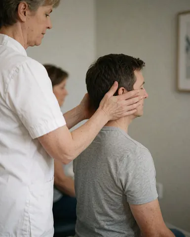 Therapist in white uniform massaging client neck in office with gray walls