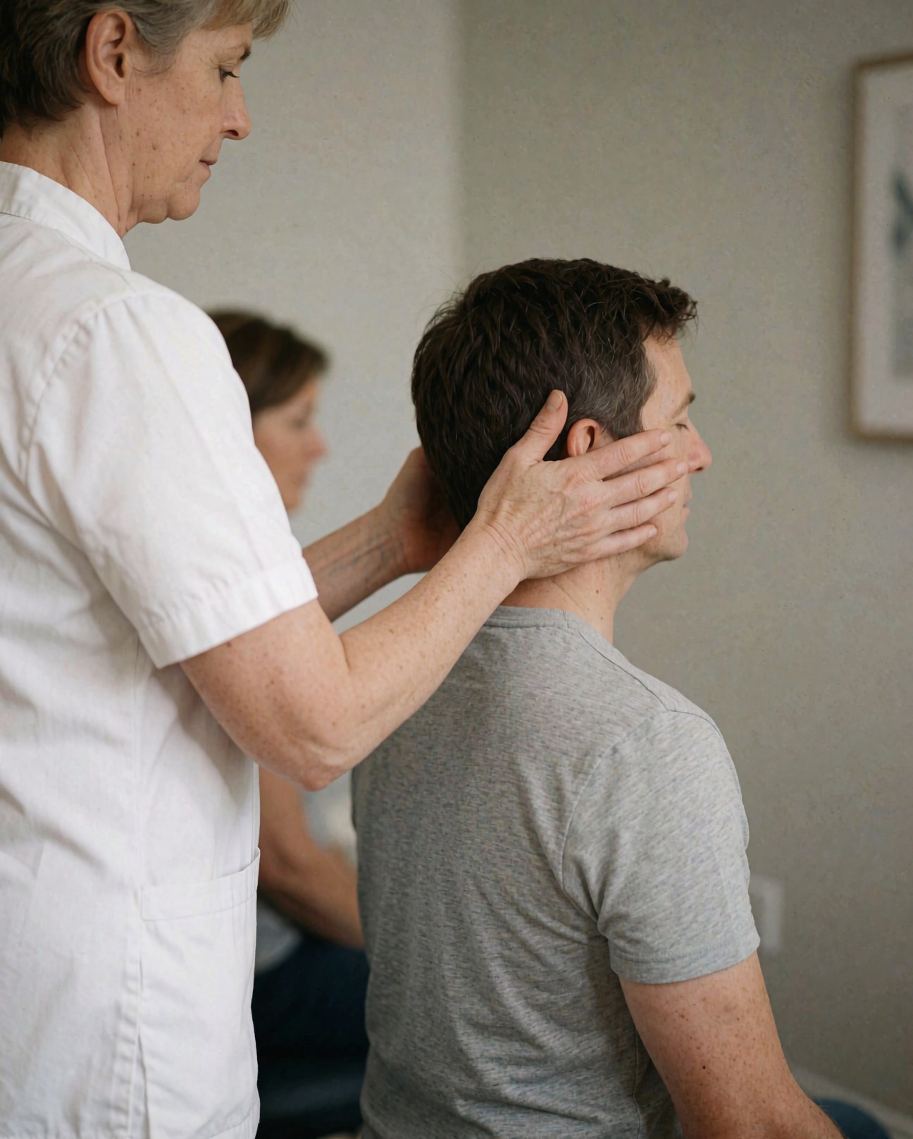 Therapist in white uniform massaging client neck in office with gray walls