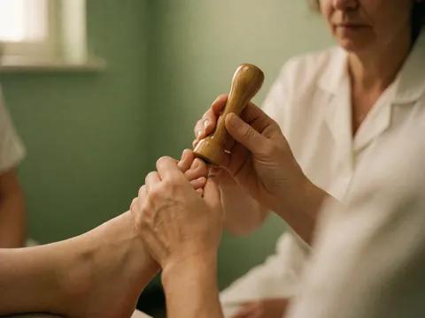 A podiatrist uses a wooden tool to treat a client's foot during a clinic visit with a green wall background.