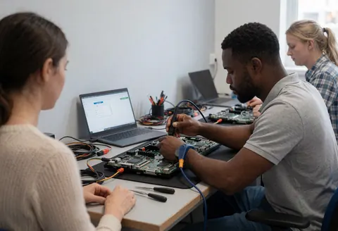 Technician working on a TV motherboard using tools and a laptop in a gray workshop setting