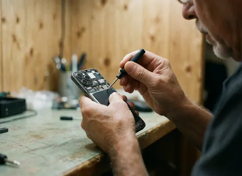 Technician using a screwdriver to repair a disassembled mobile phone on a workbench in a repair shop