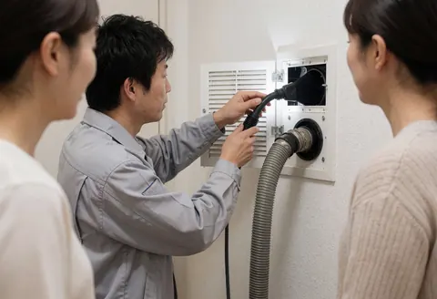 Technician in gray uniform cleaning a white fan with a vacuum hose while two people watch in a hallway with white walls.