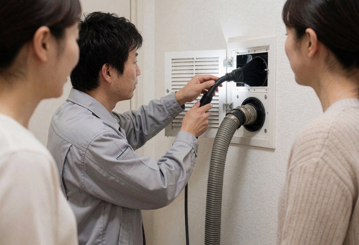 Technician in gray uniform cleaning a white fan with a vacuum hose while two people watch in a hallway with white walls.