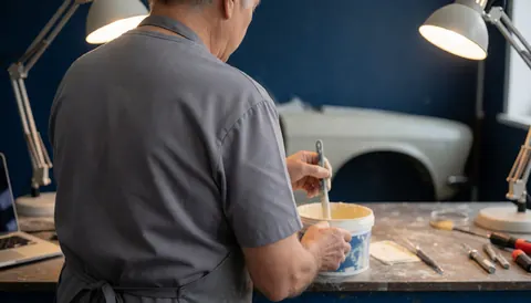 Technician mixing body filler in an automotive paint shop with a car under repair and work lights
