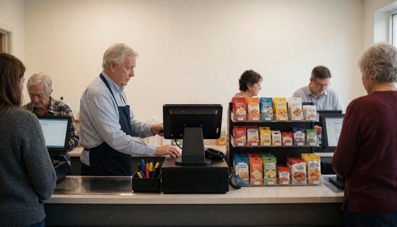 Cashier assisting customers at a stationery shop counter with impulse items on shelves and white walls