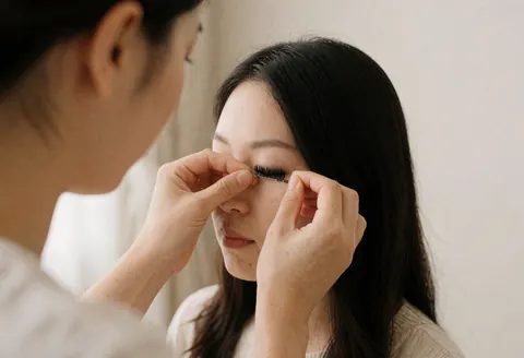Close-up of eyelash extension application with client eyes closed and blurred background