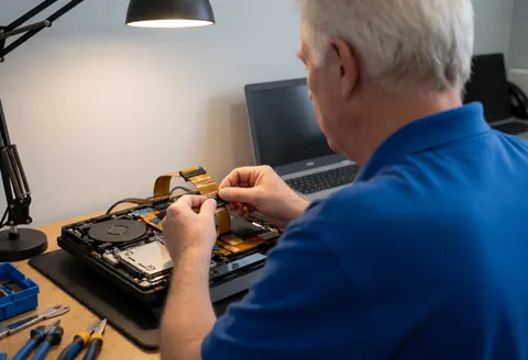 Electronics repair technician connecting a flexible ribbon cable inside a disassembled gaming console on a workbench with tools.