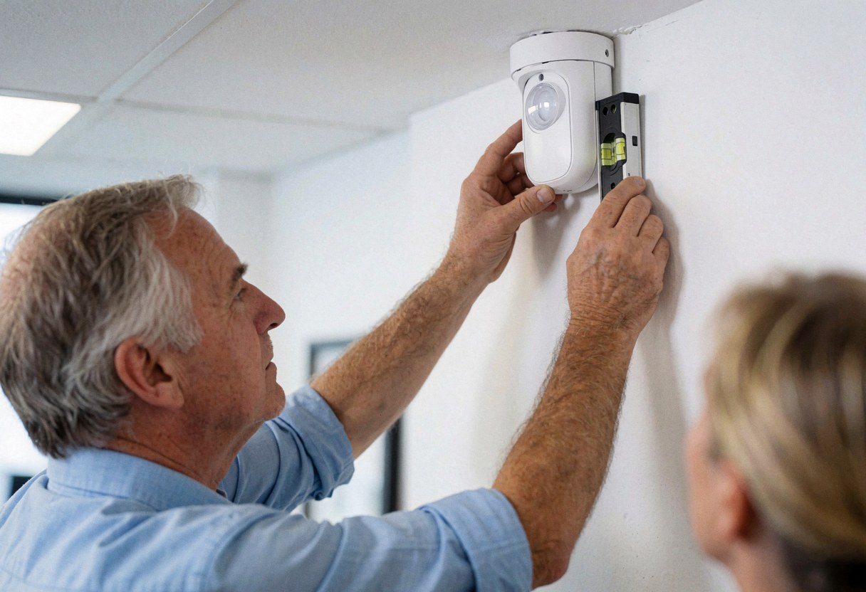 Technician installing a white motion sensor on a white wall using a level in a bright office during security alarm repair service