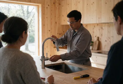 Plumber installing a chrome faucet in a modern kitchen with light wood cabinets and natural light, showing plumbing service in action