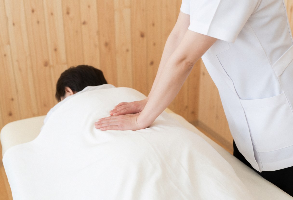 Therapist applying professional back massage to client using a white towel in a light wood room