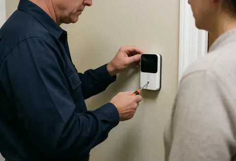 Technician installs a security alarm system on an interior wall while a client observes the repair process