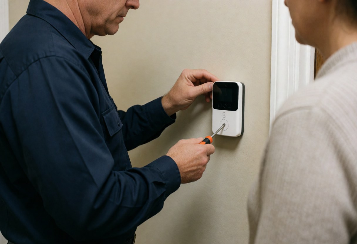 Technician installs a security alarm system on an interior wall while a client observes the repair process