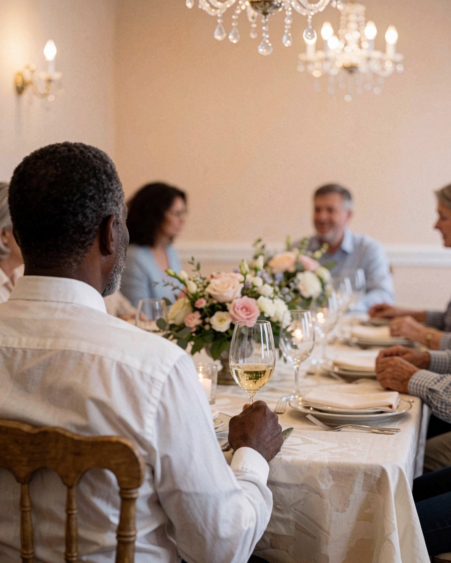 A happy customer enjoying an elegant dinner with a white tablecloth and floral centerpiece under warm chandelier lights in a restaurant.